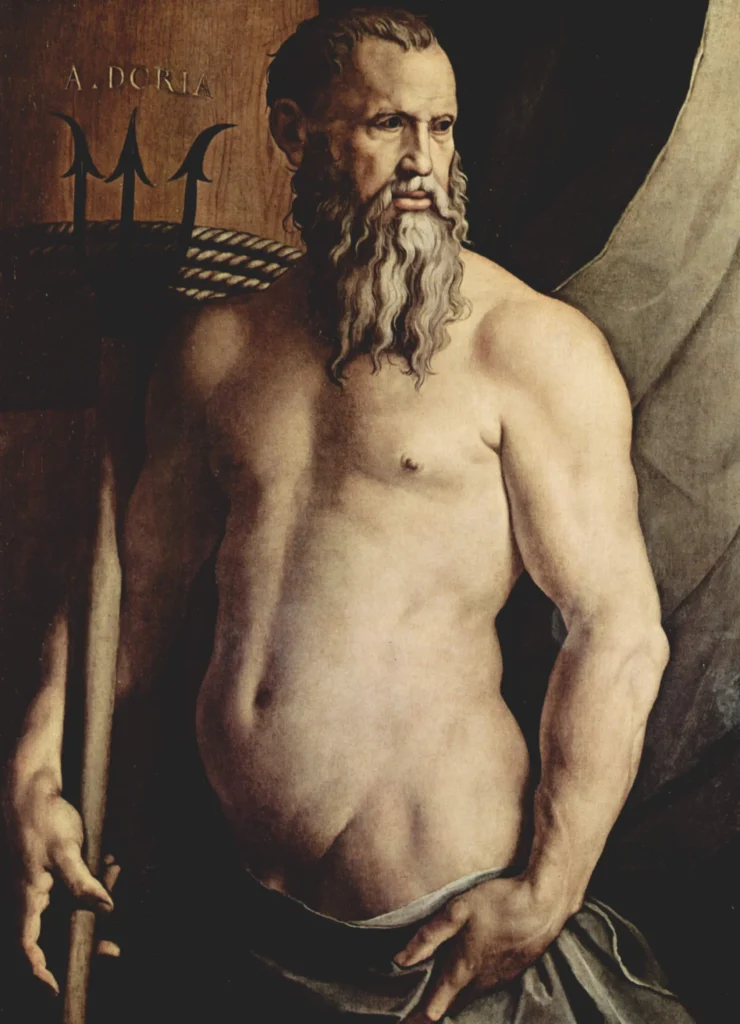 Painting of Andrea Doria as Neptune with trident by Angelo Bronzino