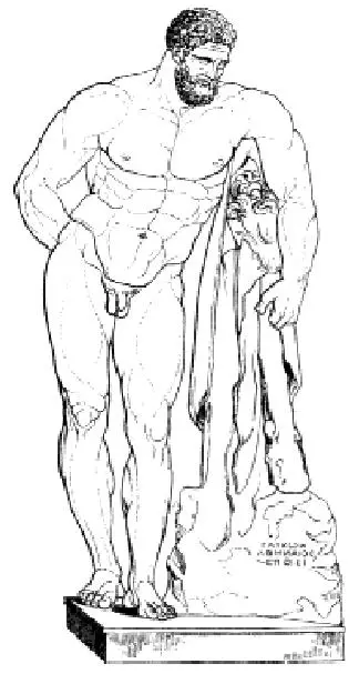 Line drawing of a statue of standing Heracles.